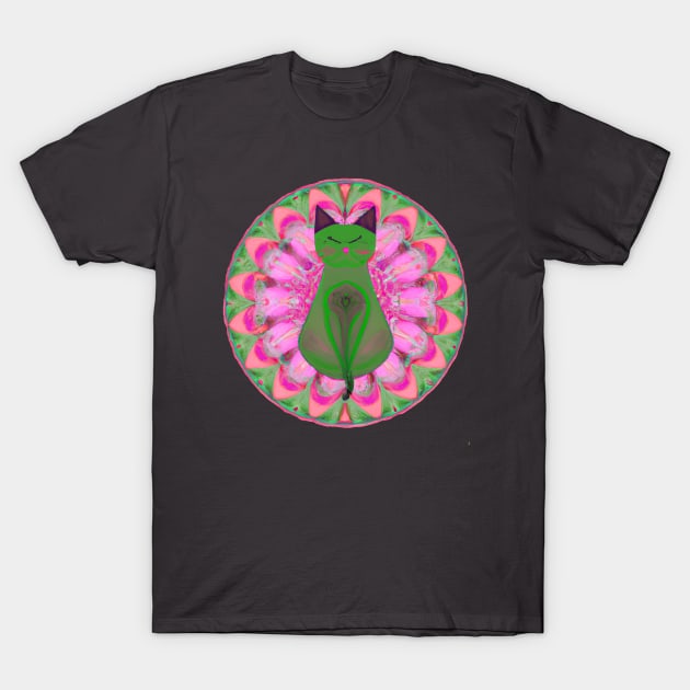 Mandala with cat in pink and green. T-Shirt by greenPAWS graphics